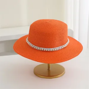 Sommer Strohhut Flacher Kopf Perle Urlaub Sonnenhut Breite Krempe Strand Elegant Damen