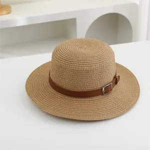 Damen Flacher Top Breiter Krempe Strohhut mit Braunem Gürtel Schnalle Sommer Strand Hut