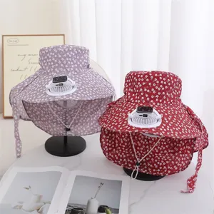 Summer women sun protection hat with solar powered mini fan, floral print wide brim cap.