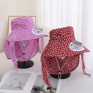 Detailed view of women summer solar fan sun hat with full face mask and floral pattern design.