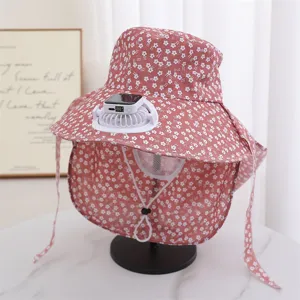 Sun protection hat with solar fan, floral print summer outdoor sun hat for women and girls.