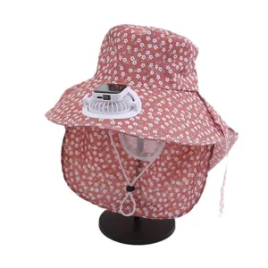 Women sun protection bucket hat with solar powered fan and face cover floral print pink.
