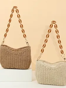Woven Straw Tote Bag Handcrafted Crochet Shoulder Bag Casual Beach Vacation Underarm Bag Women Fashion Handbag