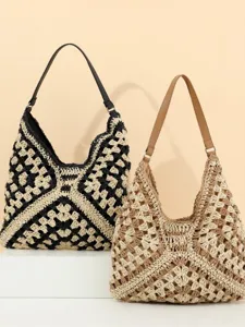 Handmade crochet woven shoulder bag, stylish casual beach underarm bag for daily use.