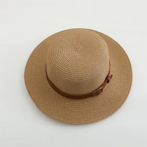 Stilvoller Damen Strohhut flacher Kopf breite Krempe Sommer Strand Sonnenhut Urlaub Reise