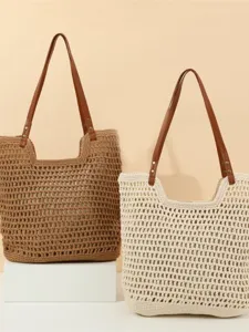 Handmade crochet woven tote bag stylish beach shoulder bag for women casual summer vacation