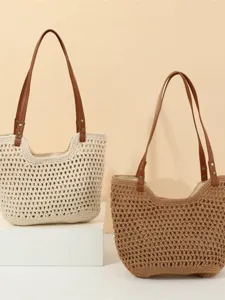 Hand-crocheted straw shoulder bag stylish beach vacation woven tote bag for women view