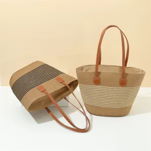Summer woven straw tote bag for women, large capacity beach shoulder bag with leather handles.