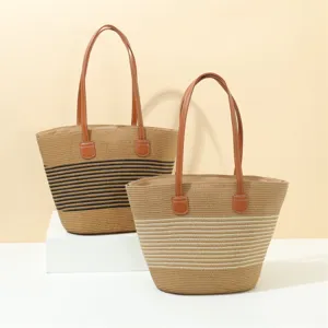 French style straw beach tote bag for women, large capacity summer woven shoulder bag.