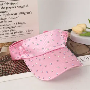 Pink rhinestone empty top sun hat detail showcasing sparkling crystal stones for summer outdoor.