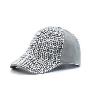 Grey rhinestone baseball cap sparkling crystal bling hat casual fashion headwear adjustable.