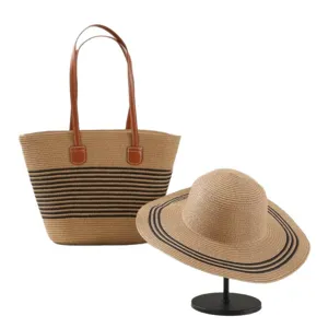 French pastoral style straw woven tote bag and sun hat set, large capacity beach vacation bag.