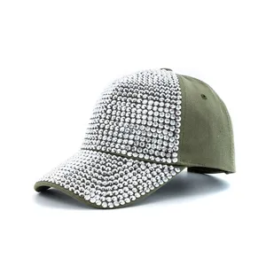 Detailed view of the sparkling rhinestone baseball cap in army green, showing dense crystal bling.
