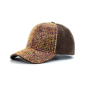 Detailed shot of sparkling rhinestone baseball cap, premium crystal embellishment texture close-up.