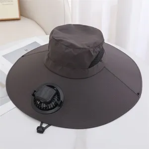Chapeau de soleil d'ete avec ventilateur solaire pour homme et femme grand bord peche