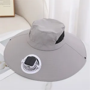 Chapeau de soleil d'ete exterieur a ventilateur solaire a large bord bob gris