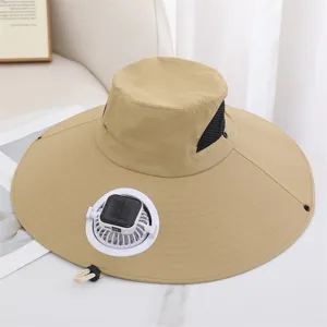 Chapeau de soleil d'été avec ventilateur solaire, bord large et maille respirante pour pêche.