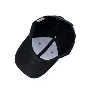 Detailed interior view of the black baseball cap, showcasing quality lining and neat stitching.
