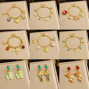Egyptian pharaoh anklet bracelet set vintage stainless steel gold plated jewelry gift