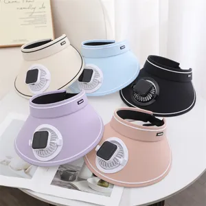 Women Sun Visor Hat Large Brim Empty Top Cap Outdoor Travel Summer Sun Protection Hat With Solar Fan