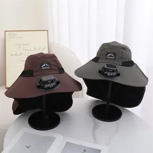 Solar powered fan sun hat with neck flap for outdoor fishing hiking summer UV protection.