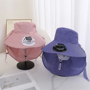 Chapeau de Soleil d'Été avec Ventilateur Solaire Femme Extérieur Protection UV Large Bord Pêche Randonnée Chapeau Bob