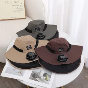 Solar powered fan sun hat with wide brim neck flap for outdoor summer fishing and hiking.