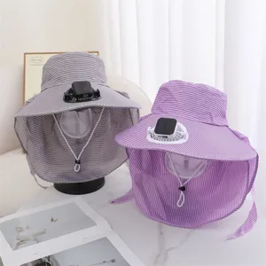 Chapeau de soleil d'été ventilateur solaire femme extérieur anti-UV rabat de cou grand bord.