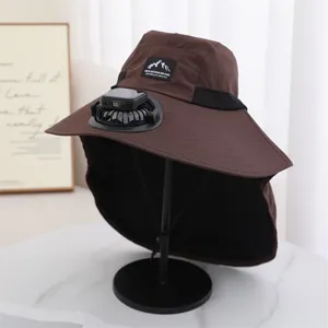 Detailed view of the solar-powered fan sun hat, wide brim outdoor hiking fishing cap.