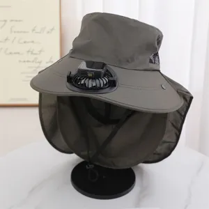 Chapeau de soleil d'été unisexe ventilateur solaire protection UV pêche randonnée gris