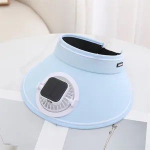 Summer sun visor hat with solar powered mini fan, wide brim UV protection outdoor cap detail.