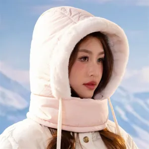 Detail view of the winter warm plush hooded scarf in light pink with windproof fabric.
