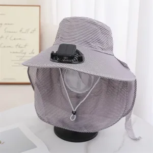 Chapeau de soleil d'été ventilateur solaire femme rayé protection UV casquette jardinage cou.