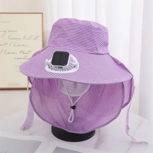 Chapeau de soleil d'été avec ventilateur solaire rayé violet protection cou 1pc
