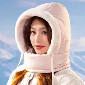 Pink winter windproof hooded scarf close-up, thick plush lining and adjustable drawstring design.