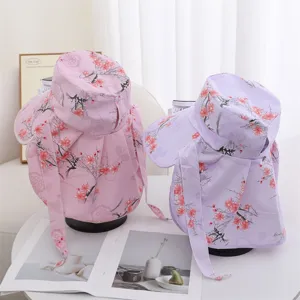 Summer solar powered cooling fan sun hat with neck flap floral print outdoor UV protection