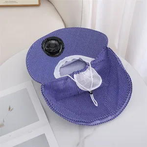 Chapeau de soleil d'extérieur à rayures bleues avec ventilateur intégré et protège-nuque.