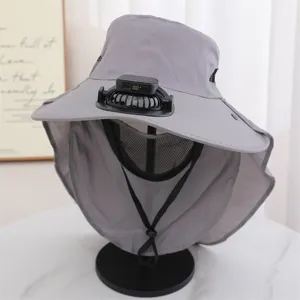 Chapeau de pêcheur anti-UV d'été avec ventilateur USB et protège-nuque pour la randonnée.
