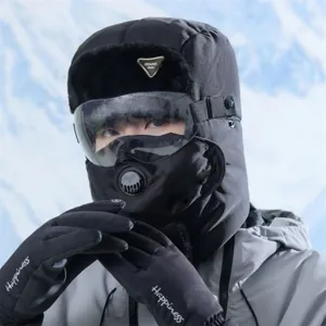 Cappello ushanka termico antivento invernale con occhiali maschera e guanti per ciclismo