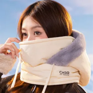 Detail view of winter windproof riding hat with integrated face mask, warm and cozy gear.