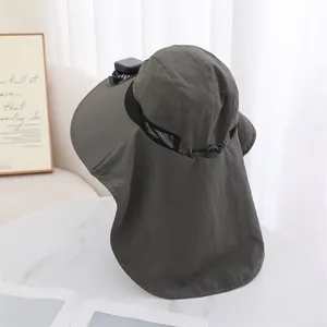 Solar powered fan sun hat for men outdoor summer wide brim fishing cap with neck flap.