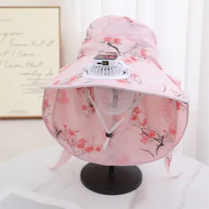 Detailed close-up of the pink floral sun hat featuring built-in solar mini fan device.