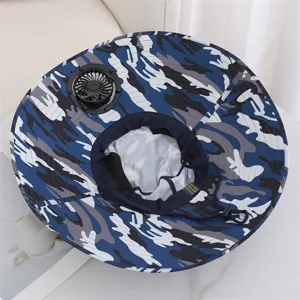 Detailaufnahme des Camouflage-Sonnenhutes mit integriertem Solar-Lüfter für Outdoor-Aktivitäten.