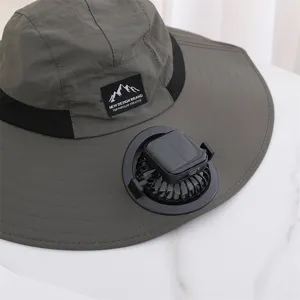 Outdoor sun protection fishing hat with solar powered fan detail view, wide brim design.