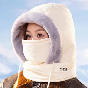 Winter windproof cycling warm hat with face mask and plush lining for cold weather outdoor sports.