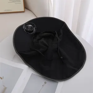 Outdoor solar fan sun hat detail, black wide brim with neck flap and USB charging design.