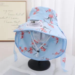 Solar cooling fan sun hat, floral print outdoor UV protection sun cap for summer.