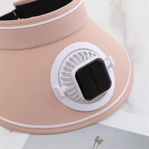 Close-up detail view of women pink sun visor hat with integrated solar powered mini cooling fan.