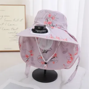 Summer solar rechargeable fan sun hat with wide brim, floral print and neck flap for outdoor.