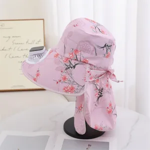 Summer sun protection hat with built-in solar fan pink floral outdoor UV block cap for women